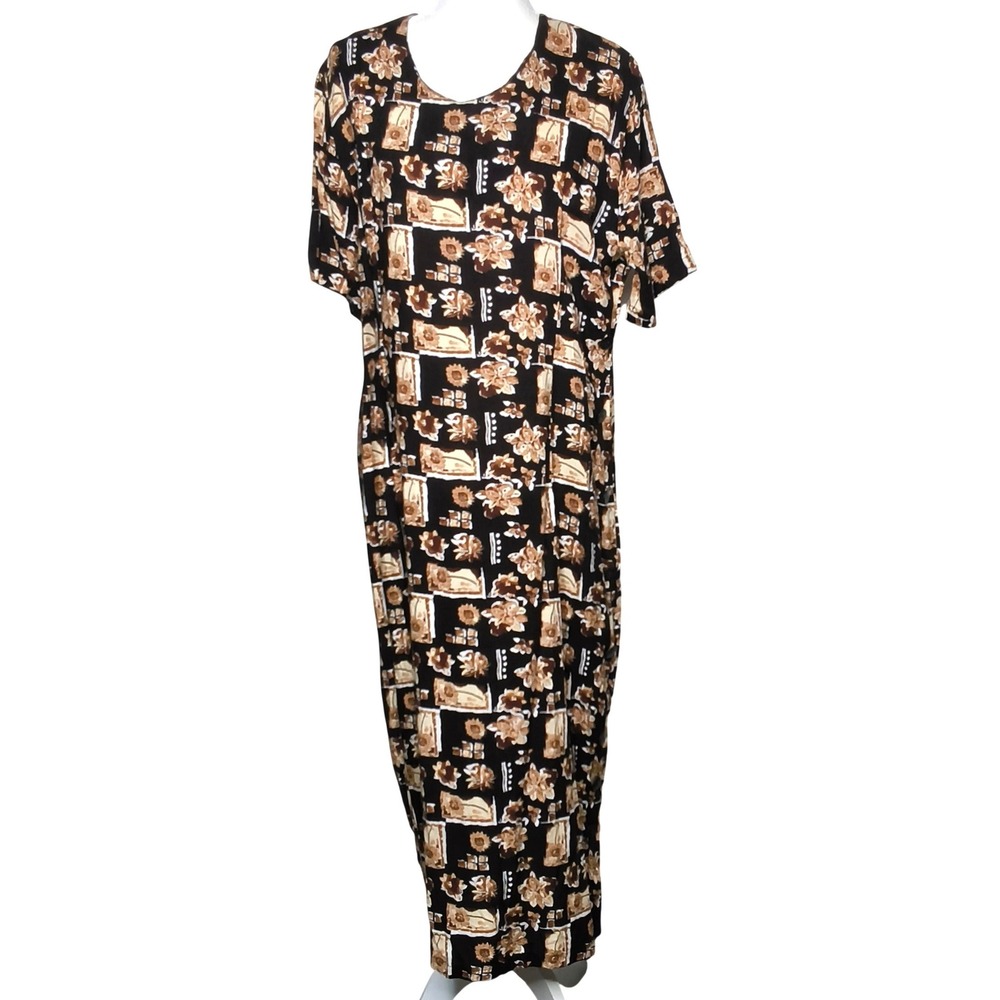 Vintage Jamie Brooke Maxi Dressā Womens 18 Black Floral Rayon Short Sleeve NOS